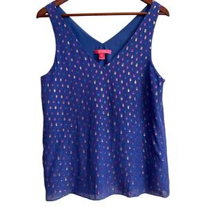 Lilly Pulitzer Florin Silk Sleeveless V-Neck Top Iris Blue Metallic Dots Size M
